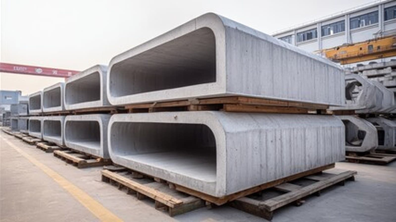 Precast box culvert sections stacked on timber bearers in a plant yard