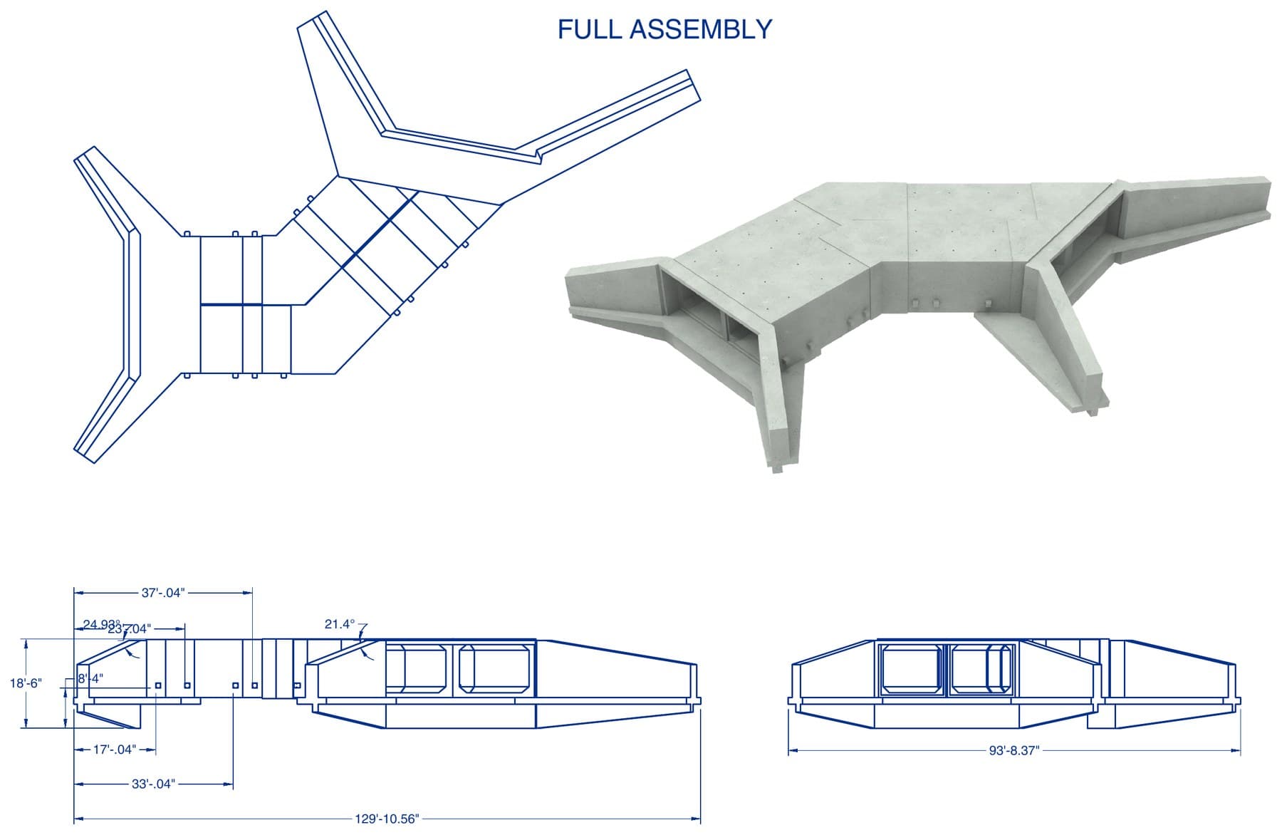 Plan, elevation and end views of the full box culvert assembly with dimensions