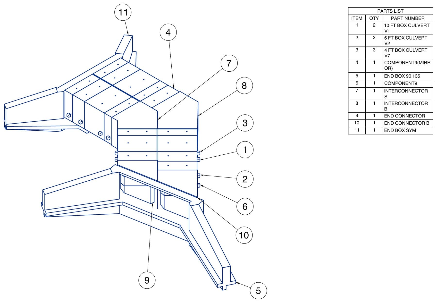 Exploded assembly drawing of the box culvert with a numbered parts list