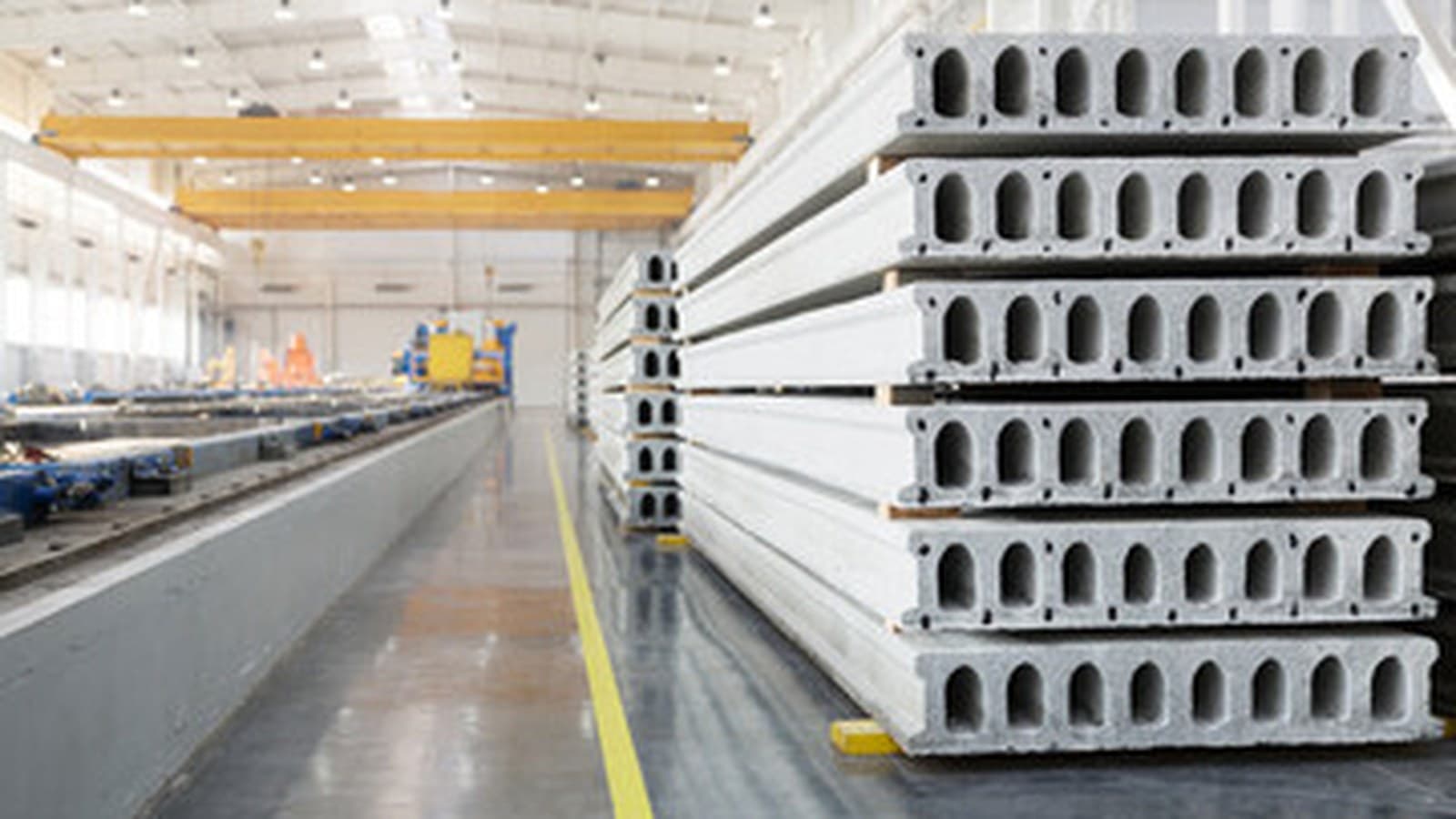 Stacks of hollowcore floor slabs inside a precast production hall under a gantry crane