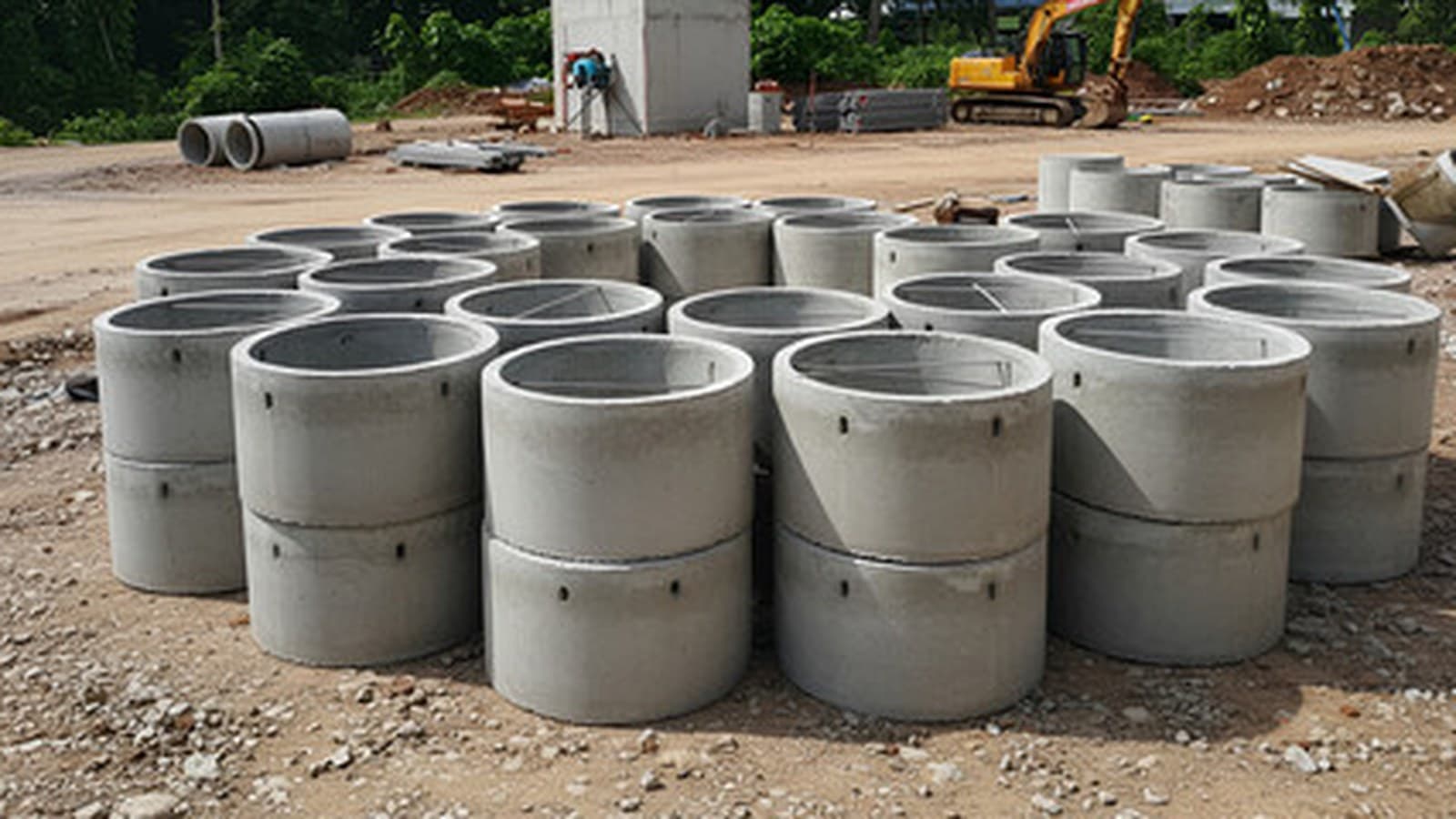 Rows of precast manhole rings and cone sections in a plant storage yard