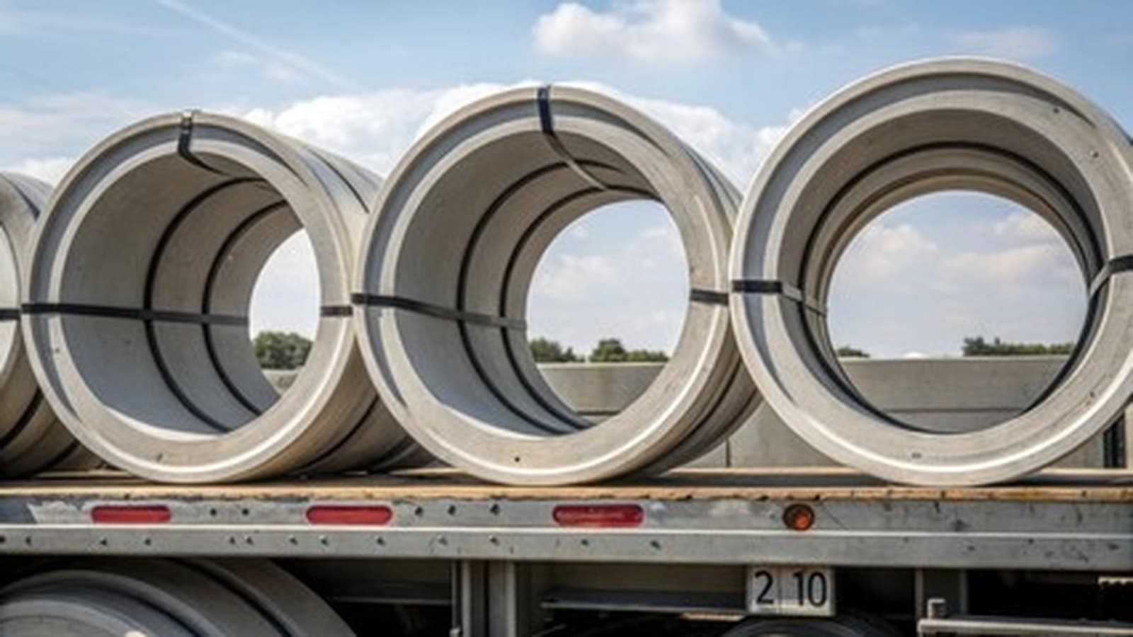 Large precast concrete rings strapped to a flatbed trailer ready to leave the yard