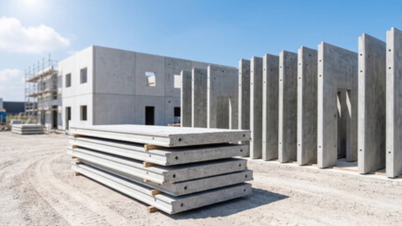 A worker guiding a precast wall panel into place on a building frame