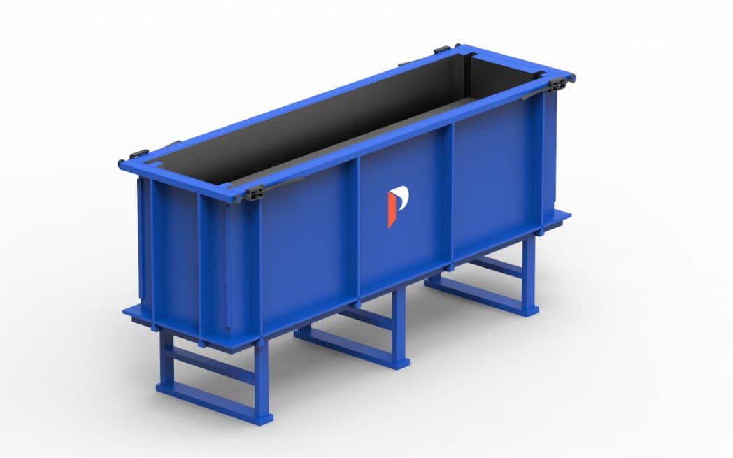 Interlocking trench mould with the cavity open, mounted on its stand frame